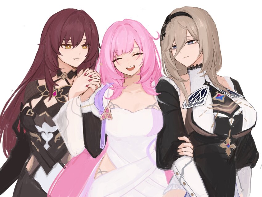 3girls aponia_(honkai_impact) black_dress blue_eyes breasts brown_hair closed_mouth commentary detached_sleeves dress eden_(honkai_impact) elf elysia_(honkai_impact) english_commentary facing_viewer hair_between_eyes half-closed_eyes headband highres holding_hands honkai_(series) honkai_impact_3rd large_breasts long_hair long_sleeves multiple_girls nail_polish nun open_mouth pointy_ears puffy_sleeves purple_nails simple_background smile teeth upper_body upper_teeth_only weeiskaw white_background white_dress yellow_eyes