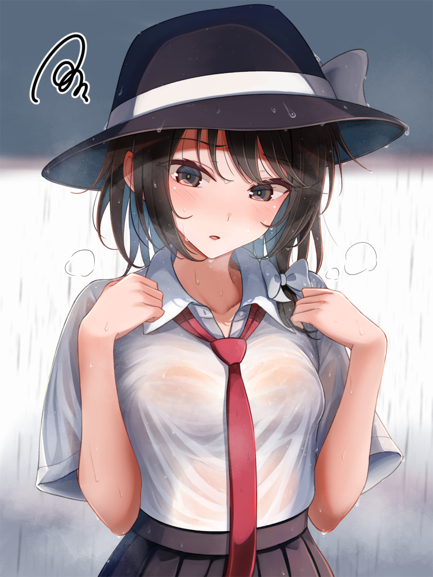 1girl black_hat black_skirt blush bow bra bra_visible_through_clothes breasts breath brown_eyes brown_hair collarbone collared_shirt commentary_request fedora fumei_(mugendai) hair_bow hands_up hat high-waist_skirt highres looking_at_breasts necktie parted_lips pleated_skirt rain red_bow red_necktie scribble see-through_clothes see-through_shirt shirt short_hair short_sleeves single_sidelock skirt small_breasts solo touhou underwear upper_body usami_renko water_drop wet wet_clothes white_shirt