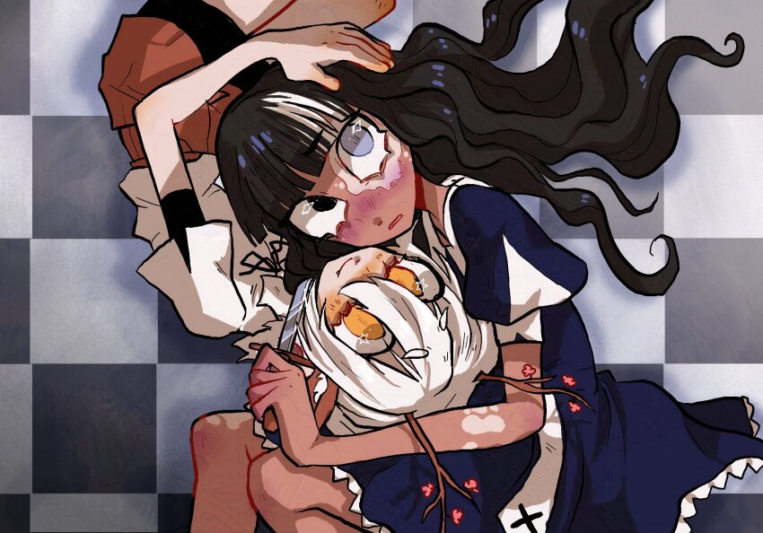 2girls antlers black_hair blue_eyes blush curled_ends dark-skinned_female dark_skin dress fang hair_between_eyes heterochromia highres horns lavendertowne lower_eyelashes_only monster_girl multiple_girls nose_blush original protected_link puffy_short_sleeves puffy_sleeves short_sleeves smile vitiligo wavy_hair white_hair yellow_eyes yuri