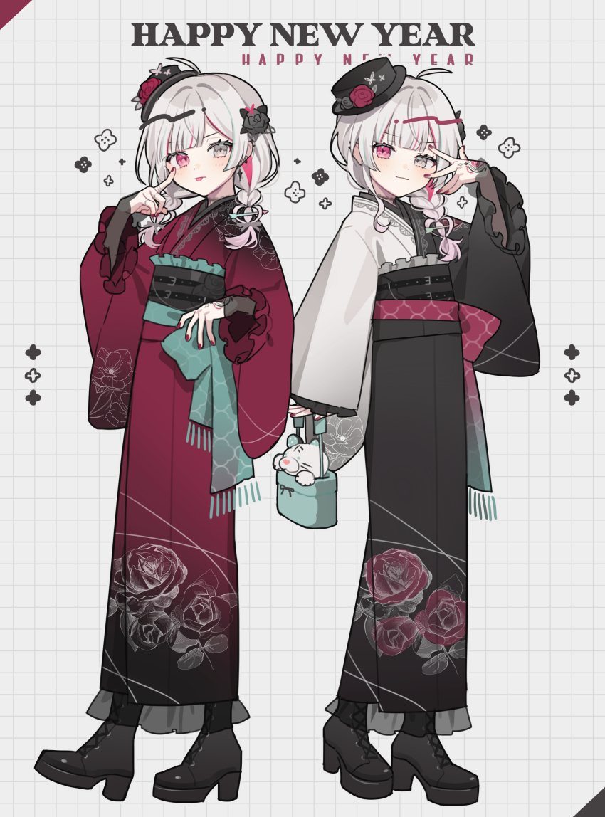 2girls absurdres bag black_flower black_footwear black_hat black_kimono black_rose boots braid doodle_inset flower full_body grey_eyes grey_hair grid_background hair_flower hair_ornament hair_over_shoulder hand_tattoo hand_up happy_new_year hat heterochromia highres holding holding_bag ishigami_nozomi ishigami_nozomi_(3rd_costume) japanese_clothes kimono medium_hair multicolored_hair multiple_girls new_year nijisanji obi pink_eyes pink_hair red_flower red_kimono red_nails red_rose rose sash side_braid streaked_hair tattoo tongue tongue_out twin_braids virtual_youtuber waka_(wk4444)