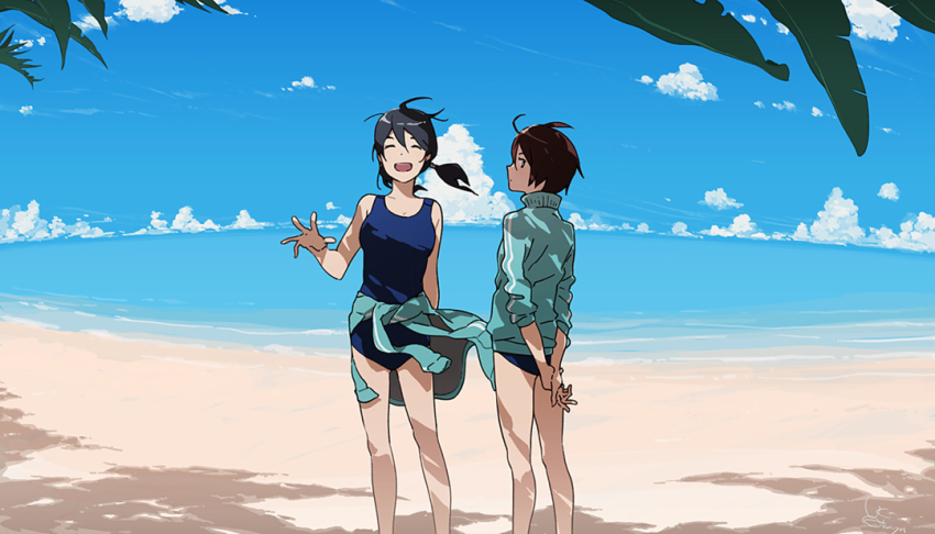 2girls ahoge arms_behind_back beach black_hair blue_jacket blue_one-piece_swimsuit blue_sky brown_eyes brown_hair closed_eyes jacket looking_at_viewer multiple_girls one-piece_swimsuit original palm_leaf sand short_sleeves sky smile swimsuit twintails uki_atsuya waving