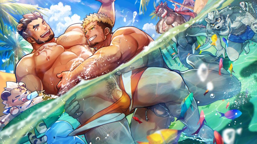 abs alca_(wakatanka4) animal animal_ears bara beach beard beenic biceps black_hair blonde_hair blue_sky bulge chibi cloud cloudy_sky dog_boy dolphin dragon_boy extra_ears facial_hair fish food gozu_farm green_eyes gyee hairy highres ice_cream in_water large_pectorals male_focus male_swimwear male_swimwear_pull manly mature_male multicolored_hair multiple_boys muscular muscular_arms muscular_legs muscular_male nipples original outdoors palm_tree pectorals red_eyes red_hair romg see-through_clothes short_hair sky smirk spiked_hair swim_briefs tattoo thick_eyebrows thighs tree tusks water wet white_hair yaoi yellow_eyes