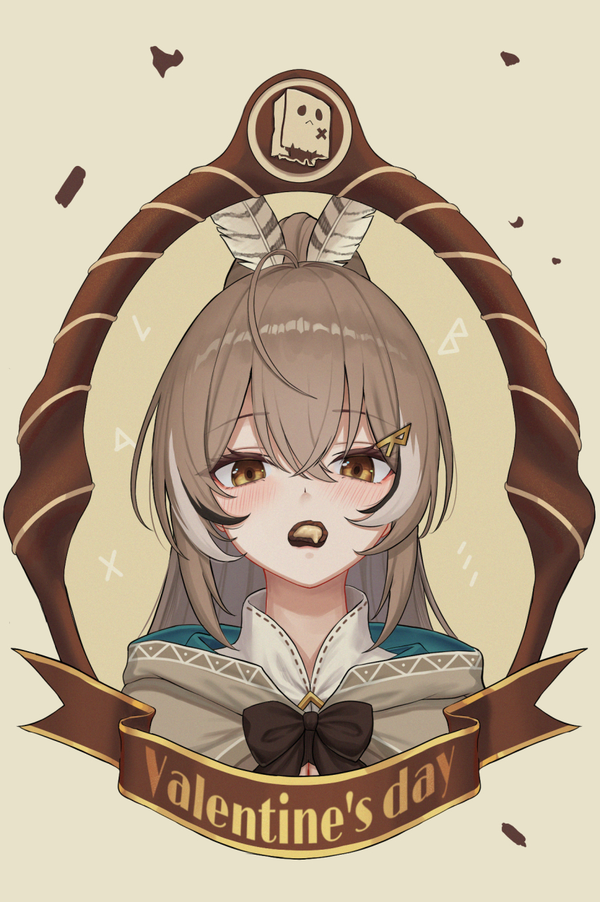 1girl ahoge brown_capelet brown_eyes brown_hair capelet chocolate commentary crossed_bangs double-parted_bangs english_commentary english_text feather_hair_ornament feathers food_in_mouth friend_(nanashi_mumei) hair_between_eyes hair_ornament high_collar highres hololive hololive_english hood hooded_capelet long_long_life looking_at_viewer mouth_hold multicolored_hair nanashi_mumei nanashi_mumei_(1st_costume) shirt sidelocks solo streaked_hair valentine virtual_youtuber white_shirt