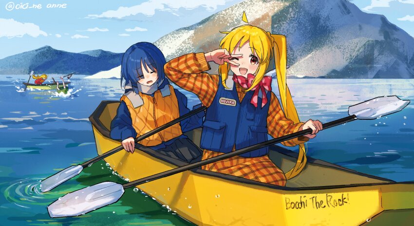 4girls absurdres black_skirt blonde_hair blue_hair blue_jacket blue_sky bocchi_the_rock! bow bowtie closed_eyes coat commentary_request copyright_name day exhausted falling highres hiroi_kikuri holding holding_paddle ijichi_nijika ijichi_seika jacket kayak lake life_vest long_hair long_sleeves looking_at_viewer mountain multiple_girls name_tag oici_ne orange_coat outdoors paddle plaid_clothes plaid_coat polka_dot_bowtie red_bow red_bowtie short_hair side_ponytail skirt sky smile twitter_username v_over_eye water yamada_ryo