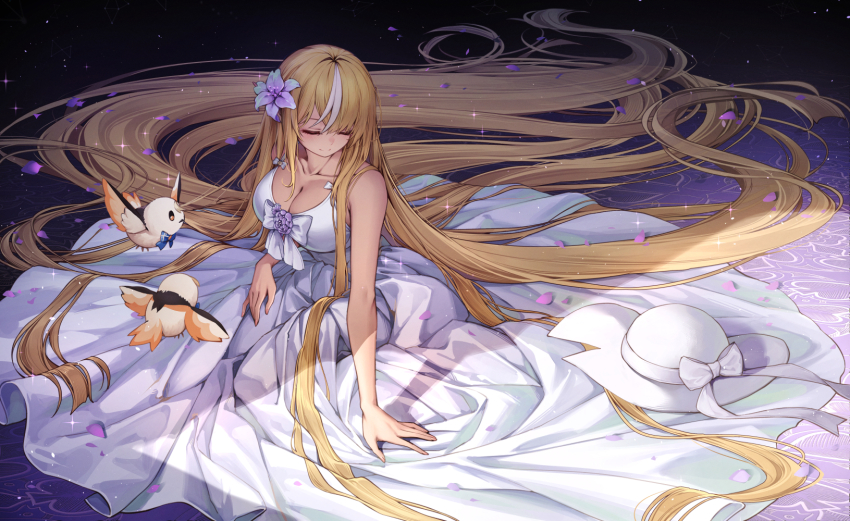 1girl bare_shoulders bird blonde_hair blush breasts cleavage closed_eyes curry_bowl dress elf flower hair_flower hair_ornament hat highres hololive large_breasts long_hair multicolored_hair petals pointy_ears ribbon shiranui_flare sitting sleeveless sleeveless_dress smile solo streaked_hair very_long_hair virtual_youtuber white_dress white_hair white_hat white_ribbon