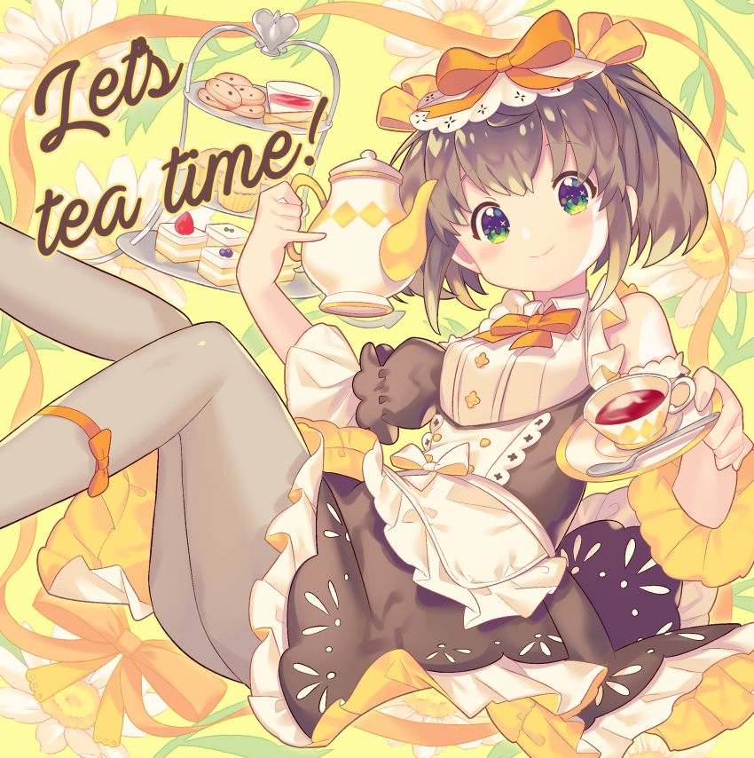 1girl apron bow breasts brown_bow brown_dress brown_hair brown_sleeves closed_mouth commentary_request cookie cup detached_sleeves dress english_text engrish_text feet_out_of_frame floral_background flower food frilled_apron frilled_dress frills green_eyes grey_pantyhose highres holding holding_saucer ikari_(aor3507) knee_up leg_up maid muffin original pantyhose puffy_short_sleeves puffy_sleeves ranguage saucer short_sleeves small_breasts smile solo tea teacup teapot tiered_tray waist_apron white_apron white_flower yellow_background