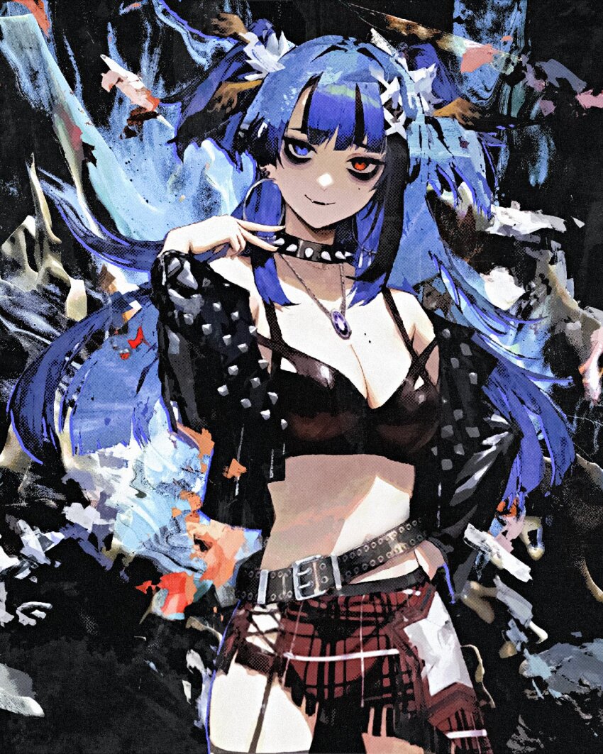 1girl belt black_belt black_collar black_hair black_jacket black_tank_top blue_eyes blue_hair blunt_ends breasts cleavage collar crop_top earrings emo_fashion fangs garter_straps gem hair_ornament hand_on_own_hip hashtag-only_commentary head_wings heterochromia highres hitboxsamurai hoop_earrings indie_virtual_youtuber isaa_corva jacket jewelry long_hair long_sleeves looking_at_viewer medium_breasts midriff miniskirt mole mole_on_breast mole_under_eye multicolored_hair necklace open_clothes open_jacket parted_lips plaid_clothes plaid_skirt purple_gemstone red_eyes red_skirt skirt solo spiked_collar spikes standing streaked_hair studded_jacket tank_top virtual_youtuber wings x_hair_ornament