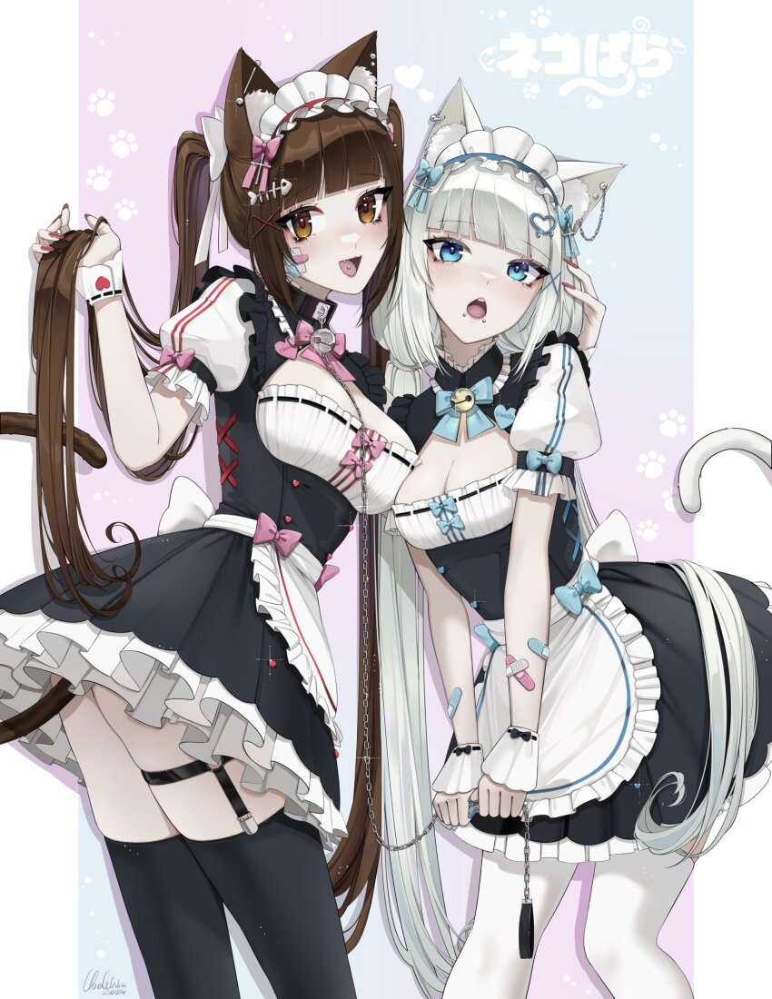 2girls :d :o animal_ear_fluff animal_ears apron bandaid bandaid_on_arm bell black_choker black_thighhighs blue_bow blue_eyes bow breasts brown_eyes brown_hair buttons cat_ears cat_girl cat_tail chain chain_leash chocola_(nekopara) choker choppy_bangs cleavage cleavage_cutout clothing_cutout dakemichan ear_piercing frilled_choker frills hair_ornament head_grab heart_button highres holding holding_chain holding_own_hair jingle_bell leash light_blush long_hair looking_at_viewer low_twintails maid maid_apron maid_headdress medium_breasts mouth_piercing multiple_girls nail_polish neck_bell nekopara open_mouth pale_skin paw_print paw_print_pattern piercing pink_bow puffy_short_sleeves puffy_sleeves red_nails short_sleeves siblings simple_background sisters small_breasts smile tail thigh_strap thighhighs three-toned_background tongue_piercing twins twintails vanilla_(nekopara) very_long_hair white_bow white_hair white_thighhighs white_wrist_cuffs wrist_cuffs