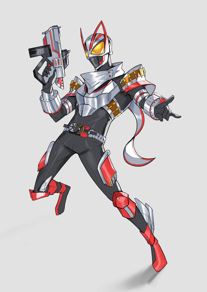 1boy absurdres animal_ears armor black_bodysuit bodysuit boost_buckle desire_driver rider_belt exhaust_pipe fox fox_ears fox_mask geats_buster_qb9 gloves glowing glowing_eyes highres holding holding_weapon kamen_rider kamen_rider_geats kamen_rider_geats_(series) kitsune magnum_boost magnum_buckle magnum_shooter_40x male_focus maniaxpunk mask orange_armor raise_buckle scarf solo tokusatsu weapon white_armor yellow_eyes