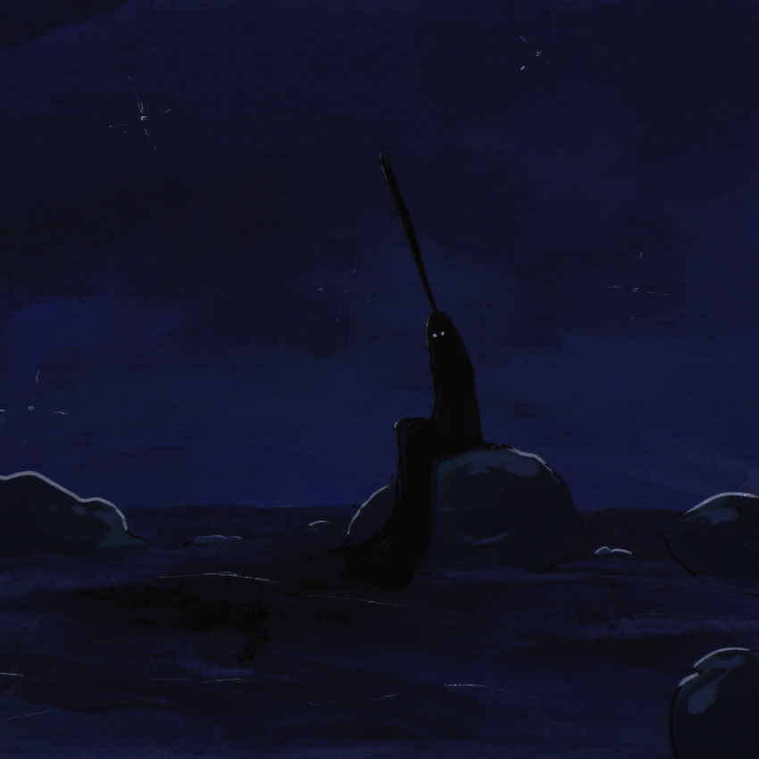 1other album-aurum animated animated_gif black_robe commentary crown english_commentary highres im_(one_piece) looking_at_viewer night on_rock one_piece other_focus outdoors partially_submerged river robe silhouette sitting sketch solo star_(sky)