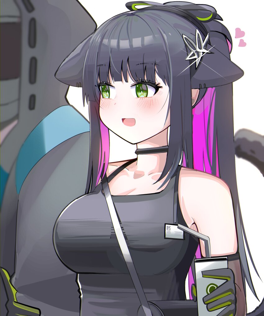 1girl 1other :d absurdres animal_ears arknights arm_hug bare_shoulders black_collar black_gloves black_hair black_jacket black_shirt black_tail blush breasts cleavage collar colored_inner_hair doctor_(arknights) drink drinking_straw glint gloves green_eyes green_gloves hair_ornament heart highres holding holding_drink hood hood_up hooded_jacket jacket jessica_(arknights) long_hair long_sleeves multicolored_hair open_mouth pink_hair ponytail ribbon-trimmed_hood ribbon_trim shirt sidelocks simple_background sleeveless sleeveless_shirt smile spam_(spamham4506) tail tail_raised upper_body white_background