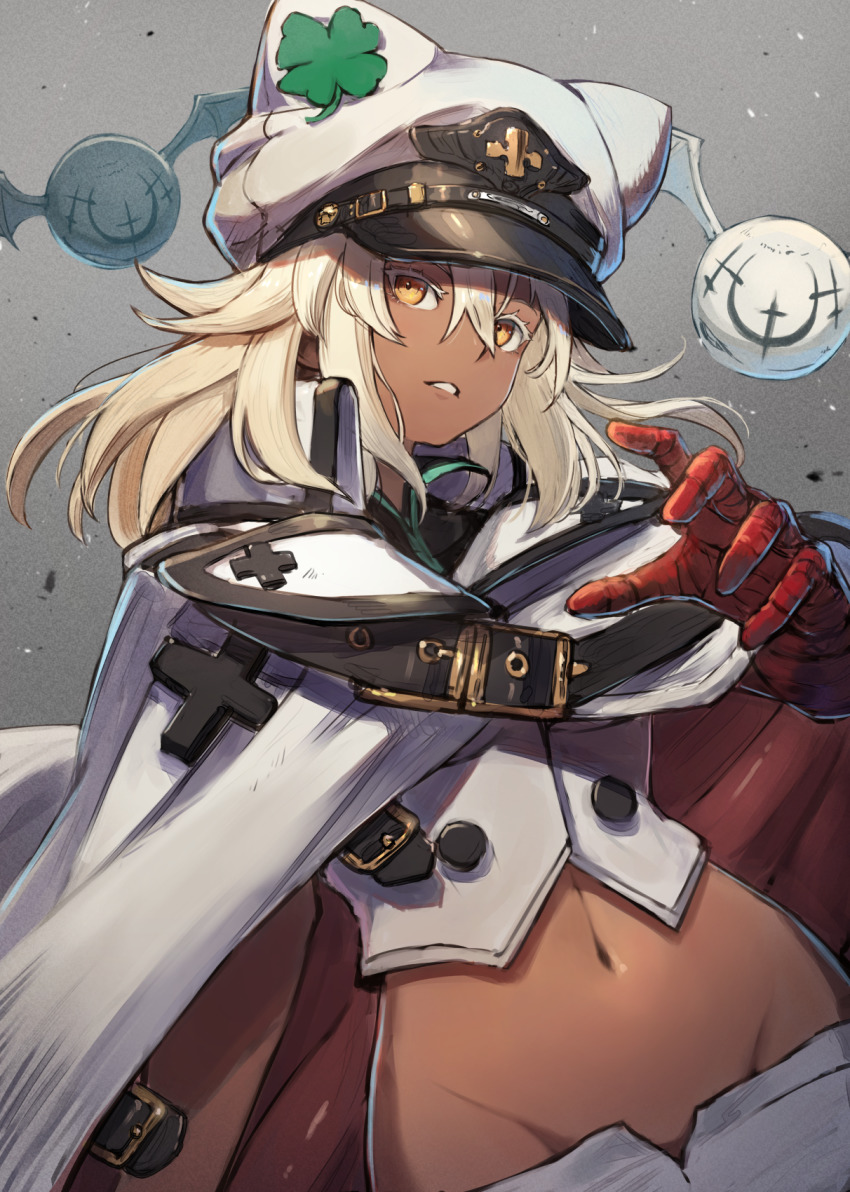 1girl bandaged_arm bandages blouse cloak clover dark-skinned_female dark_skin four-leaf_clover guilty_gear guilty_gear_strive hair_between_eyes hat highres kuroi_susumu medium_hair navel peaked_cap platinum_blonde_hair ramlethal_valentine shirt solo stomach white_hat white_shirt yellow_eyes