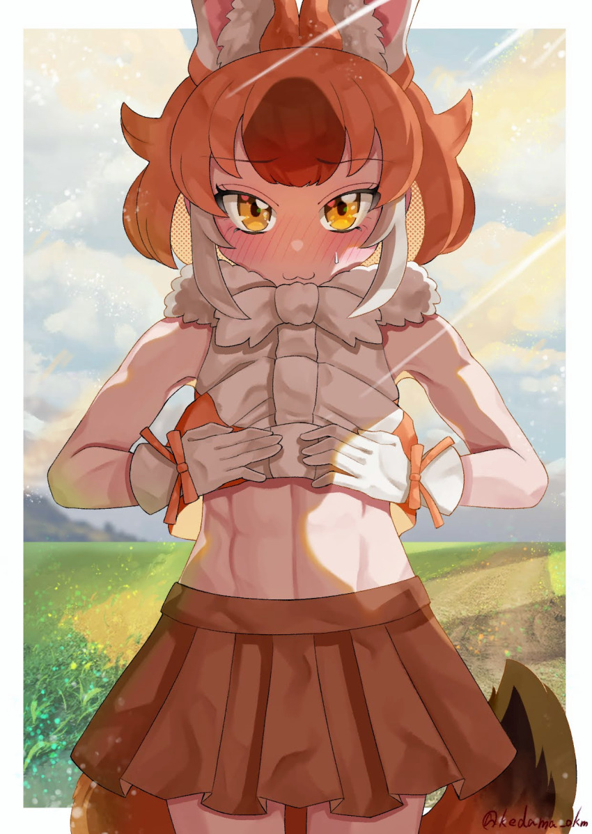 1girl abs animal_ears bare_shoulders blush bow breasts brown_hair clothes_lift dhole_(kemono_friends) dog_ears dog_girl dog_tail extra_ears gloves highres kedama_(ughugjydthjdf) kemono_friends kemono_friends_3 lifting_own_clothes looking_at_viewer medium_breasts midriff multicolored_hair muscular muscular_female navel open_mouth outdoors shirt shirt_lift short_hair skirt sleeveless smile solo tail two-tone_hair white_hair