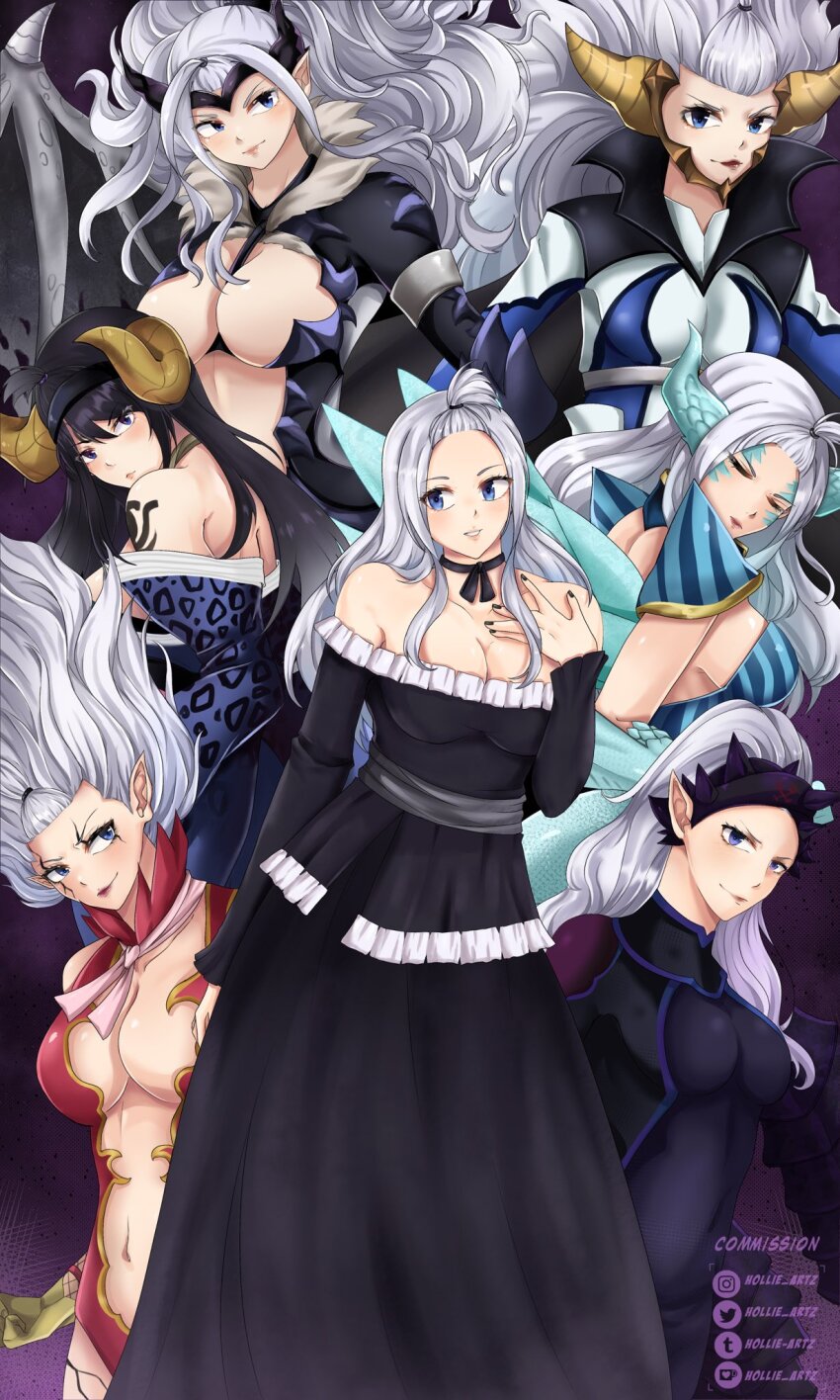 black_dress blue_eyes breasts cleavage collarbone dress fairy_tail highres large_breasts long_hair mirajane_strauss navel white_hair