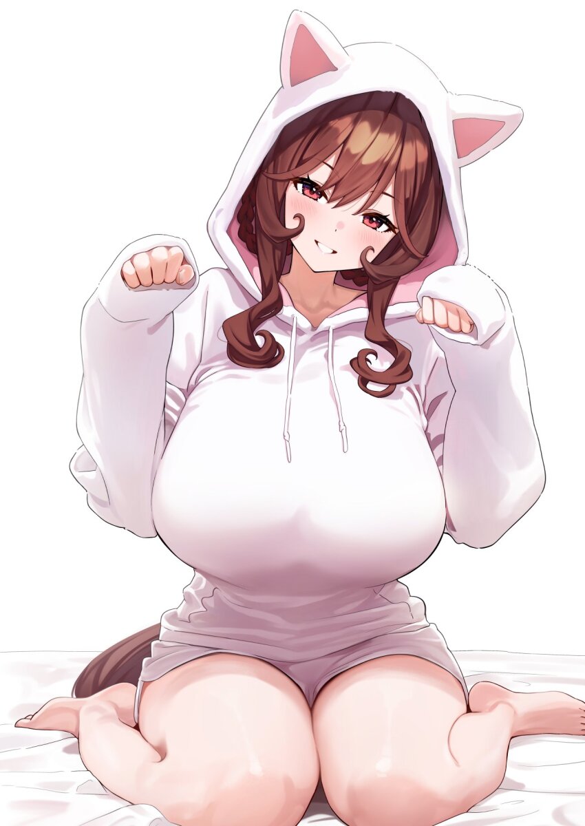 1girl alternate_costume animal_ear_hood barefoot blush breasts brown_hair commentary_request ears_under_headwear fake_animal_ears gentildonna_(umamusume) hands_up head_tilt herohero_(higashi_no_dou) highres hood hood_up hoodie horse_girl large_breasts looking_at_viewer paw_pose red_eyes sitting sleeves_past_wrists smile solo thighs umamusume wariza wavy_hair white_hoodie