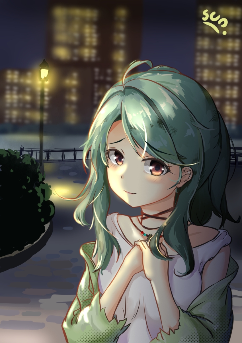 1girl blush green_hair green_shawl hands_on_own_chest highres jewelry kitaooji_karen lamppost looking_at_viewer making_lovers night orange_eyes outdoors parted_bangs pendant shawl shirt solo upper_body user_pxud2532 white_shirt