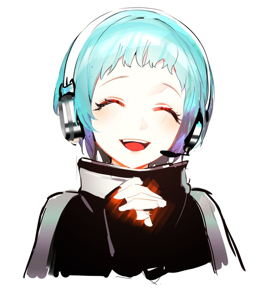 1girl aqua_hair black_gloves black_jacket closed_eyes eyelashes fingerless_gloves gloves hand_grab headphones highres jacket open_mouth persona persona_3 persona_3_reload short_hair simple_background smile solo ssabdeog teeth tongue upper_body upper_teeth_only white_background yamagishi_fuuka