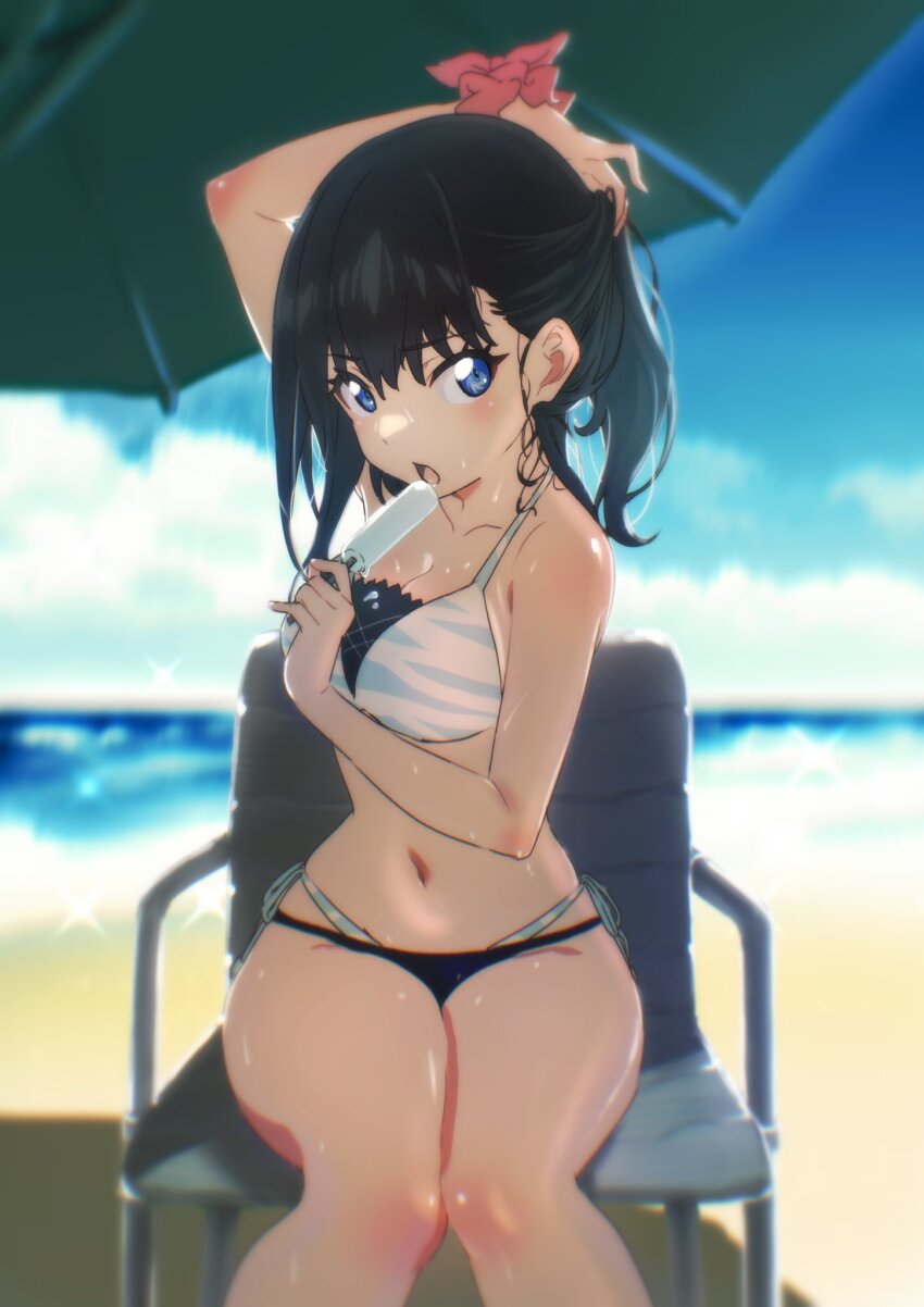 1girl adjusting_hair arm_behind_head beach bikini black_bikini black_hair blue_bikini blue_eyes breasts chair cleavage food good_thighs_day gridman_universe highres hokahoka_yudoufu holding holding_food holding_popsicle layered_bikini long_hair looking_at_viewer medium_breasts multicolored_bikini multicolored_clothes navel ocean official_alternate_costume open_mouth orange_scrunchie parasol popsicle scrunchie shadow shiny_skin side-tie_bikini_bottom sitting sky solo ssss.gridman swimsuit takarada_rikka umbrella white_bikini wrist_scrunchie