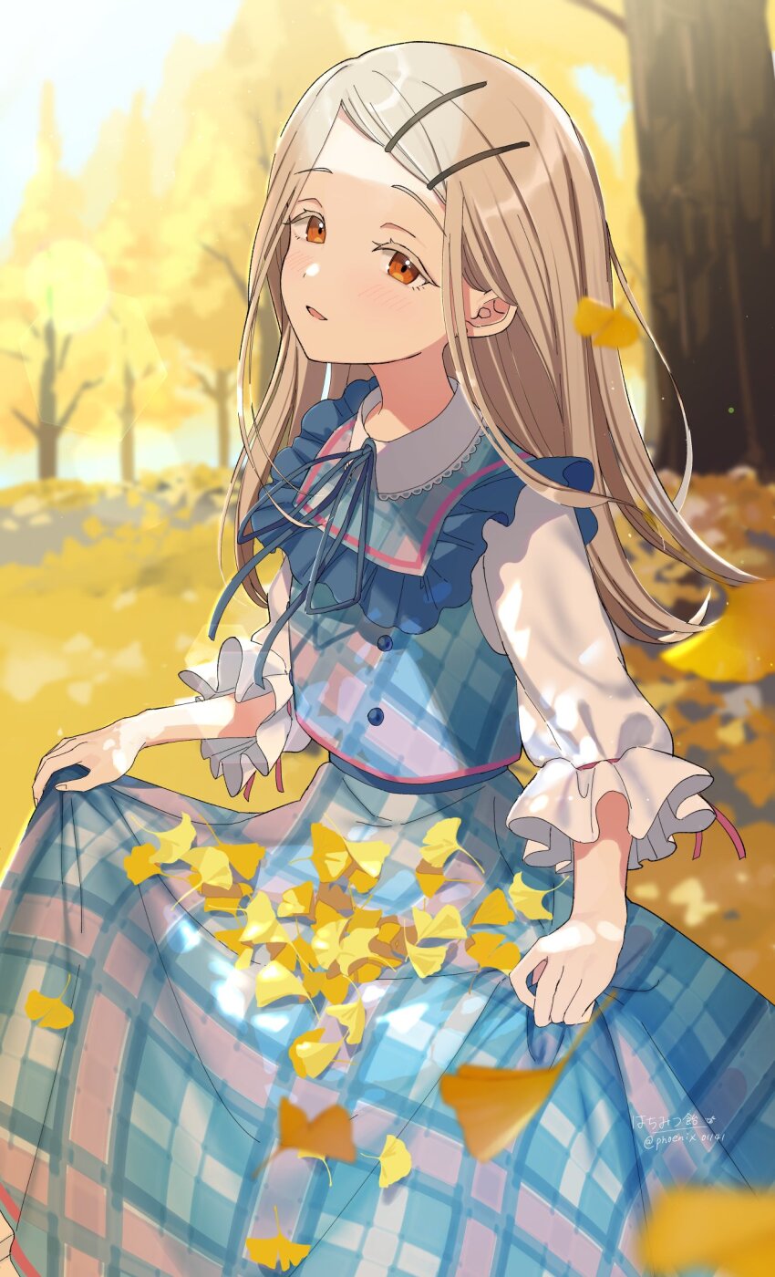 1girl apron autumn bib_collar blonde_hair blue_dress colored_eyelashes commentary_request dappled_sunlight dress falling_leaves frilled_apron frilled_sleeves frills gakuen_idolmaster ginkgo_leaf hachimitsu_ame_(phoenix) hair_ornament hairclip highres idolmaster leaf lens_flare light_blush light_particles looking_at_viewer orange_eyes outdoors parted_lips plaid_clothes plaid_dress raised_eyebrows shinosawa_hiro shirt skirt_hold sleeve_ribbon sleeves_past_elbows smile solo sunlight three_quarter_view white_shirt