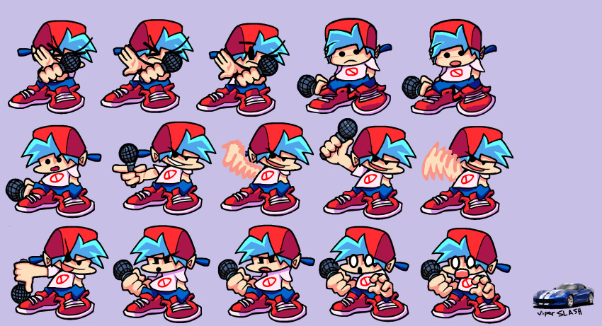 1boy backwards_hat baseball_cap blue_hair blue_pants boyfriend_(friday_night_funkin&#039;) friday_night_funkin&#039; hat highres holding holding_microphone microphone multiple_views pants red_footwear red_headwear shirt shoes sprite_sheet t-shirt white_shirt