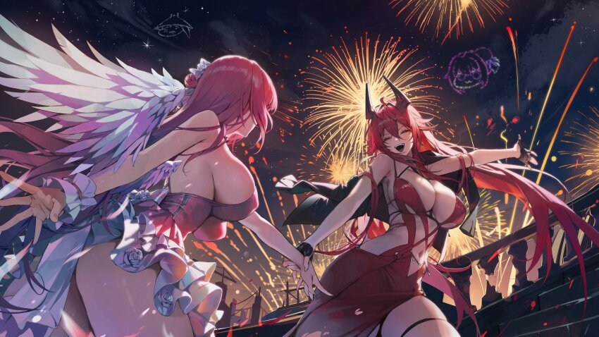 2girls absurdres angel_wings black_gloves bow breasts closed_eyes cloud cowboy_shot doro_(nikke) dorothy_(nikke) dorothy_(nostalgia)_(nikke) dress feathered_wings fingerless_gloves fireworks frilled_cuffs gloves goddess_of_victory:_nikke hair_between_eyes hair_bow hair_bun hair_ornament highres holding_another&#039;s_wrist large_breasts long_hair maenoo multiple_girls night night_sky outdoors pink_dress pink_hair presenting red_dress red_hair red_hood_(nikke) red_hood_(nonsense_red)_(nikke) single_hair_bun sky smile stairs star_(sky) starry_sky teeth torn_clothes torn_dress upper_teeth_only white_bow wings wrist_cuffs