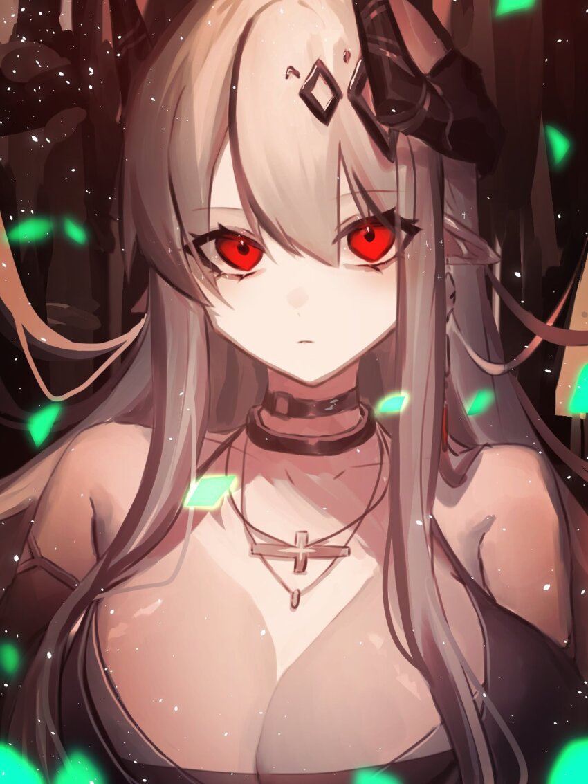 1girl arknights bare_shoulders black_dress breasts cleavage dress grey_hair highres horns jewelry large_breasts long_hair mudrock_(arknights) pendant pointy_ears red_eyes sakazuki_hijiri solo upper_body