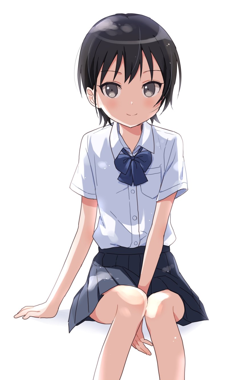 1girl absurdres black_hair blue_bow blue_bowtie blue_skirt blush bow bowtie buchi_(y0u0ri_) character_request copyright_request female_focus highres looking_at_viewer pleated_skirt school_uniform short_hair simple_background sitting skirt smile solo white_background