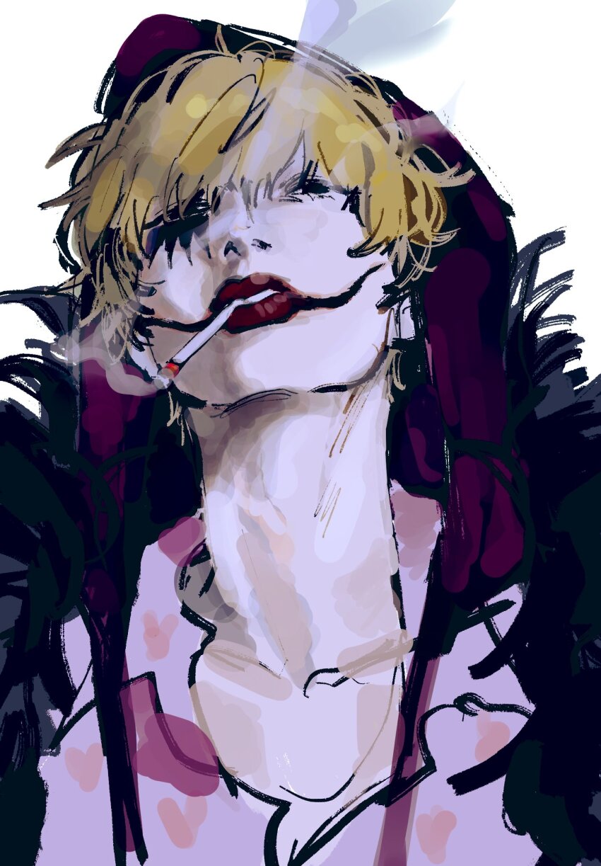 1boy ao_6336 black_cape blonde_hair cape cigarette commentary donquixote_rocinante feather_cape highres hood looking_at_viewer makeup male_focus one_piece parted_lips pink_shirt red_lips shirt short_hair simple_background smoke solo upper_body white_background