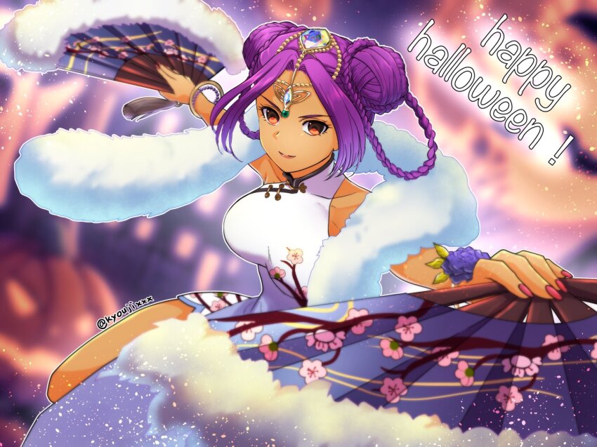 1girl bare_shoulders bead_bracelet beads blurry blurry_background bracelet braid braided_bun braided_hair_rings breasts cherry_blossom_print china_dress chinese_clothes circlet closed_mouth commentary_request dark-skinned_female dark_skin double_bun dragon_quest dragon_quest_iv dragon_quest_tact dress dual_wielding floating_clothes floral_print flower fur_shawl gold_bracelet gold_circlet hair_bun hair_rings hand_fan happy_halloween holding holding_fan jack-o&#039;-lantern jewelry kyoujixxx large_breasts looking_at_viewer manya_(dq4) multiple_bracelets official_alternate_costume orange_eyes parted_bangs purple_flower purple_hair red_nails shawl sleeveless sleeveless_dress smile solo