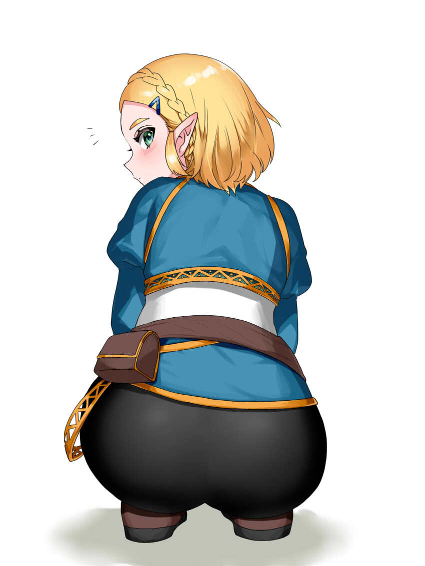 1girl ass belt black_pants blonde_hair blue_shirt braid brown_belt brown_shoes commentary_request crown_braid from_behind full_body gold_trim green_eyes hair_ornament hairclip highres juliet_sleeves long_sleeves looking_at_viewer looking_back nintendo pants pointy_ears princess_zelda puffy_sleeves shirt shoes short_hair sidelocks simple_background solo squatting the_legend_of_zelda the_legend_of_zelda:_tears_of_the_kingdom wasabi_(legemd) white_background