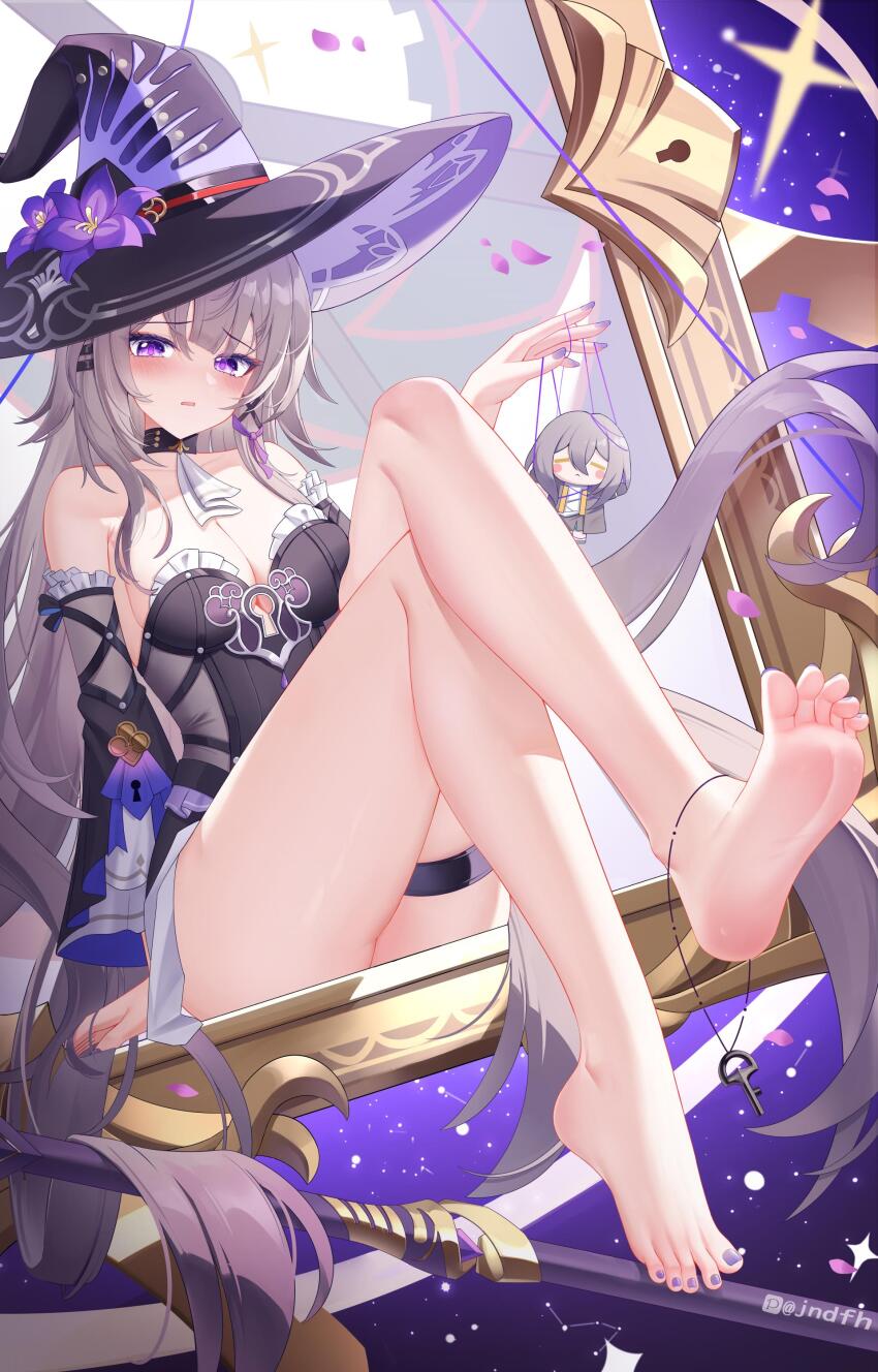 1girl absurdres bare_shoulders barefoot black_choker black_dress black_hat black_sleeves blush breasts character_doll chinese_commentary choker cleavage collarbone commentary_request detached_sleeves dress feet fingernails flower full_body hand_up hat hat_flower herta_(honkai:_star_rail) highres honkai:_star_rail honkai_(series) jndfh large_breasts long_hair long_sleeves looking_at_viewer nail_polish official_alternate_costume parted_lips pixiv_logo pixiv_username purple_eyes purple_flower purple_hair purple_nails sitting solo stelle_(honkai:_star_rail) strapless strapless_dress the_herta_(honkai:_star_rail) thigh_strap toenail_polish toenails toes trailblazer_(honkai:_star_rail) variant_set very_long_hair witch_hat