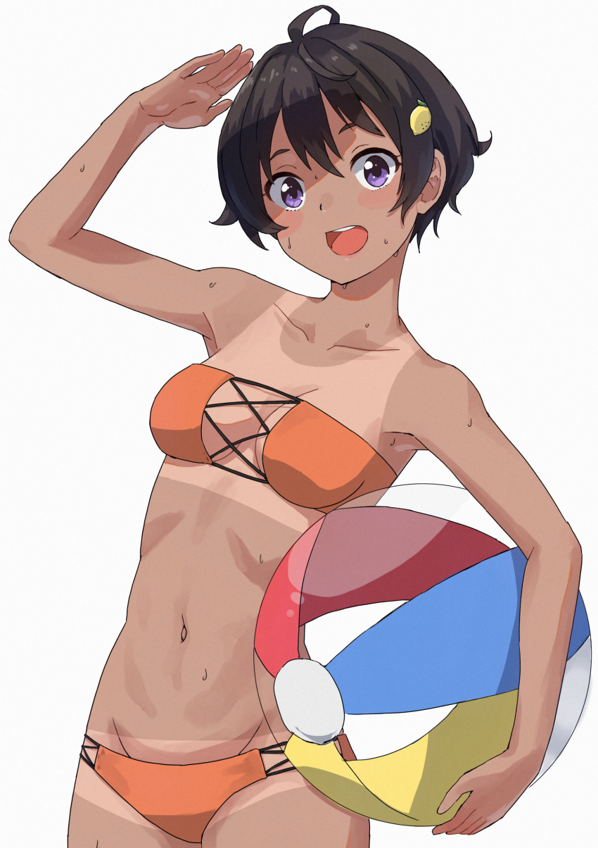 1girl ball beachball bikini black_hair breasts food-themed_hair_ornament hair_ornament hand_up highres holding holding_ball holding_beachball lemon_hair_ornament looking_at_viewer make_heroine_ga_oo_sugiru! navel open_mouth orange_bikini purple_eyes short_hair simple_background small_breasts solo sweat swimsuit syagare tan tanline white_background yakishio_remon