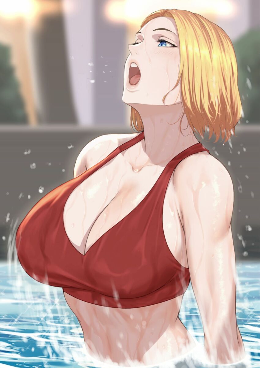 1girl anagumasan blonde_hair blue_eyes blue_mary breasts cleavage fatal_fury highres in_water light_blush looking_ahead midriff non-web_source open_mouth pale_color red_shirt shirt short_hair upper_body wet