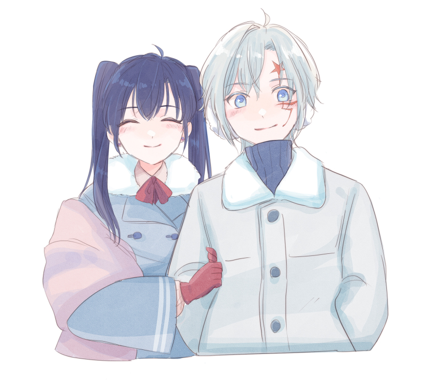 1boy 1girl allen_walker blue_coat blue_eyes blue_hair blue_sweater blush bow bowtie buttons closed_eyes coat couple d.gray-man dark_blue_hair earmuffs earrings facial_mark gloves grey_coat highres holding_another&#039;s_arm jewelry lenalee_lee long_hair looking_at_viewer raito_dg red_bow red_bowtie red_gloves smile sweater turtleneck turtleneck_sweater twintails white_hair winter_clothes