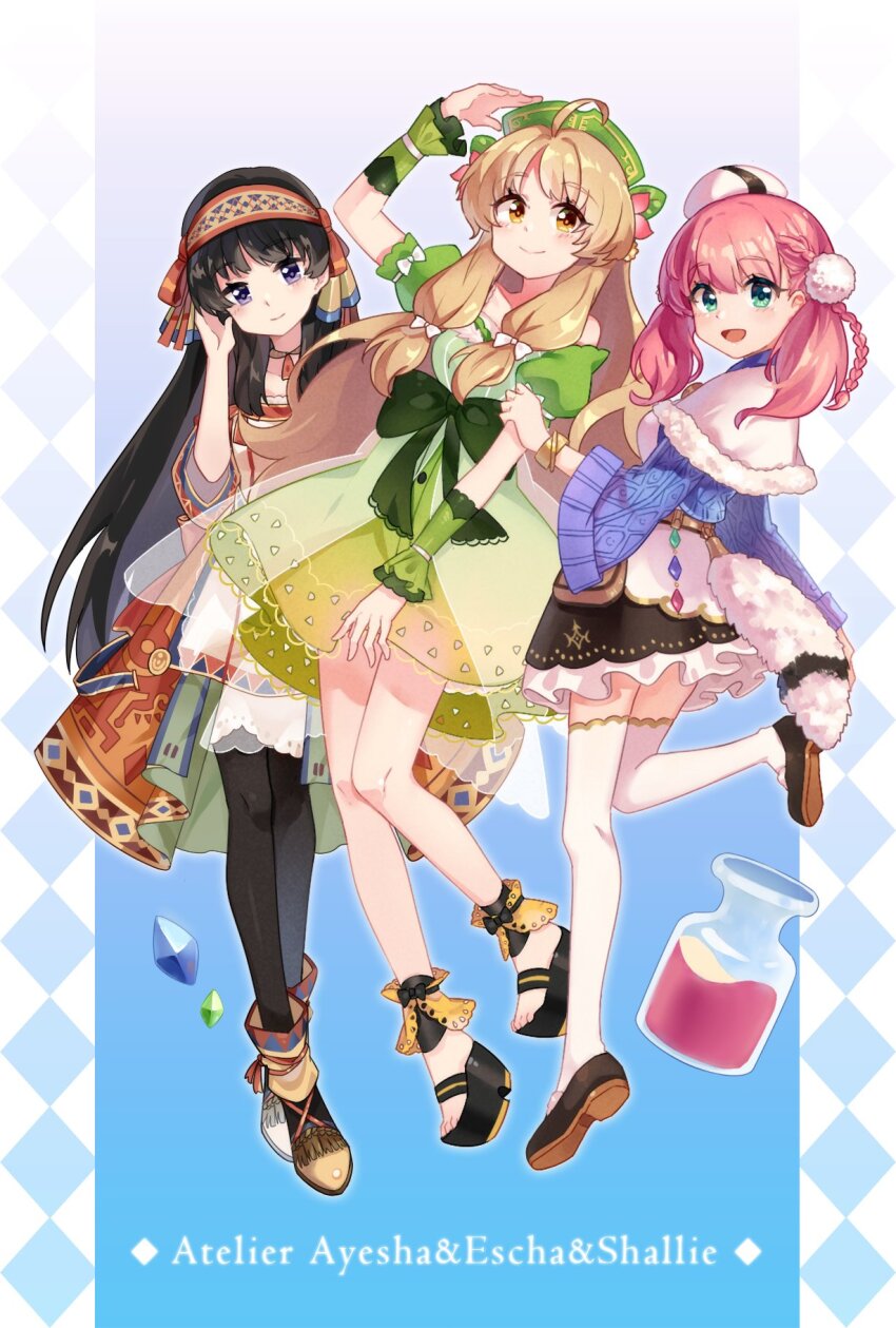 3girls :d ahoge atelier_(series) atelier_ayesha atelier_escha_&amp;_logy atelier_shallie ayesha_altugle black_hair blonde_hair blush bow commentary_request escha_malier full_body green_eyes highres jar looking_at_viewer multiple_girls open_mouth parted_lips pink_hair purple_eyes shallistera_(atelier) sharlorc smile standing waist_bow yellow_eyes