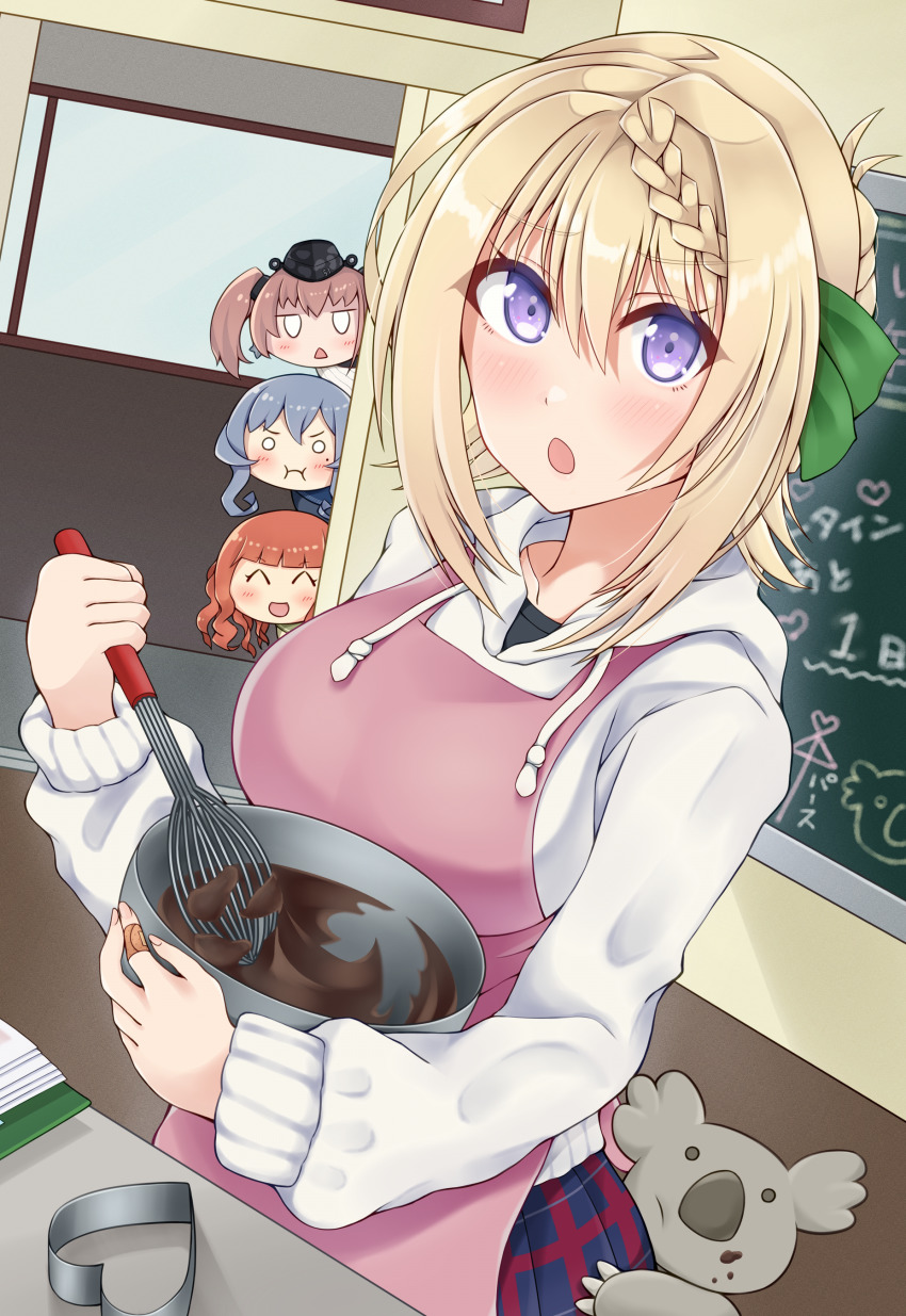 4girls :i absurdres atlanta_(kancolle) blonde_hair blue_skirt blurry bowl braid braided_bun chalkboard chocolate commentary_request de_ruyter_(kancolle) depth_of_field gotland_(kancolle) hair_bun heart_mold highres hood hooded_sweater hoodie jealous kantai_collection koala mold_(casting) multiple_girls official_alternate_costume otobi perth_(kancolle) plaid_clothes plaid_skirt pleated_skirt purple_eyes short_hair skirt solo_focus sweater upper_body whisk white_sweater