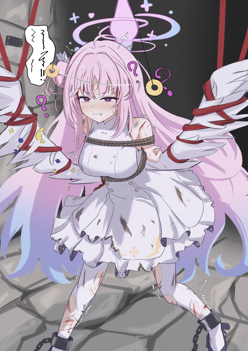 1girl ? absurdres ahoge angel_wings ankle_cuffs arms_behind_back black_eyes blood blood_on_arm blood_on_clothes blood_on_face blue_archive blue_hair bound bound_arms bound_wings breasts buttons chain clenched_hand coin coin_on_string cuts dirty double-breasted dress feathered_wings fluffy_hair gradient_hair gradient_halo hair_bun hair_intakes halo highres holed_coin hypnosis injury legs_apart light_blush long_hair low_wings messy_hair mika_(blue_archive) mind_control multicolored_hair multicolored_halo open_mouth pantyhose pendulum peppo-mk3 pink_hair pink_halo purple_pupils red_rope restrained rope scratches single_side_bun skirt sleeveless sleeveless_dress solo squiggle sweat torn_clothes torn_dress torn_pantyhose torn_skirt trembling white_dress white_wings wing_ornament wings