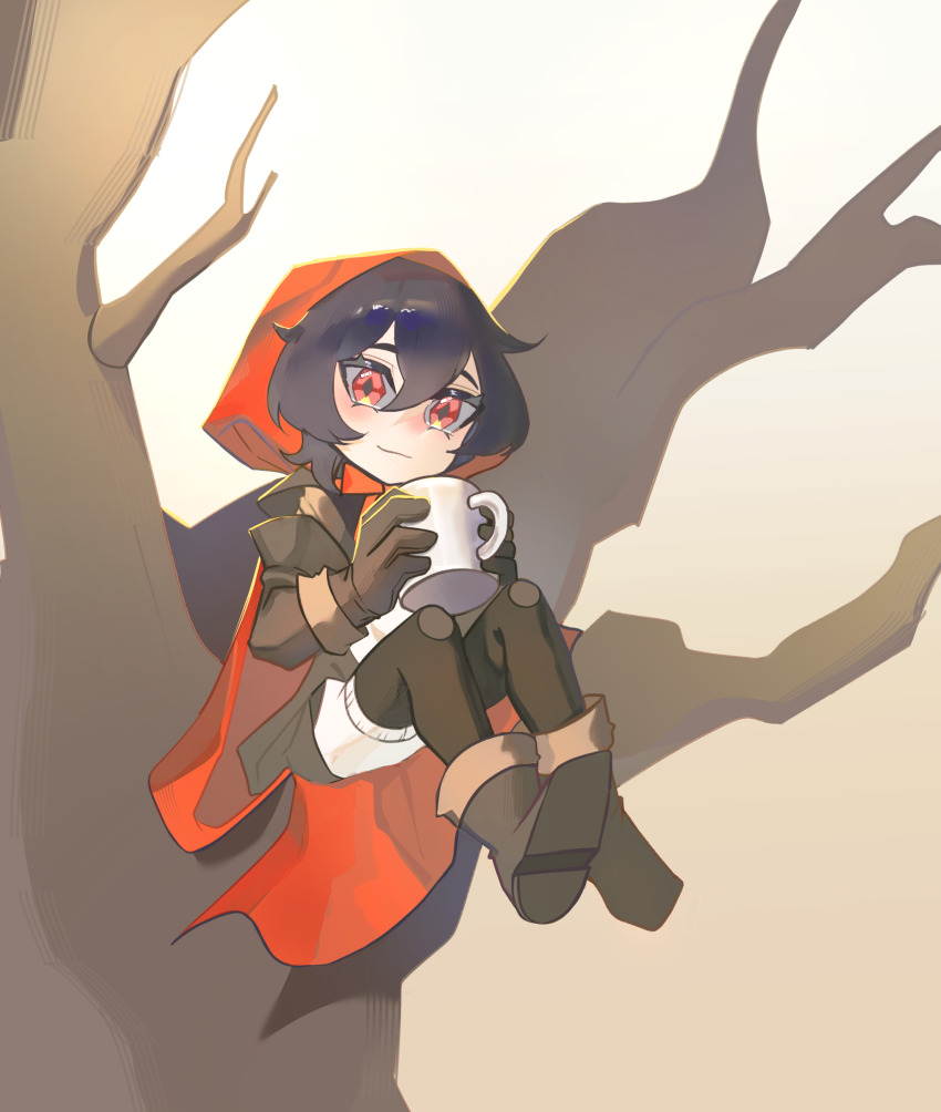 1girl bare_tree black_hair black_pantyhose boots brown_background brown_boots brown_gloves brown_sleeves cape cup detached_sleeves full_body gloves gradient_background highres holding holding_cup hood hooded_cape mondlicht_(reverse:1999) mug on_branch pantyhose red_cape red_eyes red_hood reverse:1999 san_(user_awan7845) short_hair shorts sitting_on_branch smile solo tree white_shorts