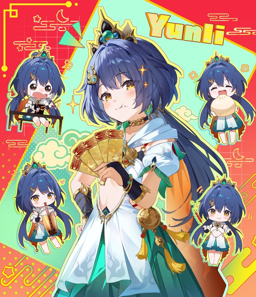 1girl :d blue_hair bridal_gauntlets bubble_tea character_name chibi chinese_clothes choker cutout_above_navel drink dumpling earrings eating food green_skirt hair_ornament headpiece heart highres holding holding_skewer honkai:_star_rail honkai_(series) iei_(yeahhiei) jewelry looking_at_viewer low_twintails marisad_(meme) meme open_mouth single_earring sitting skewer skirt smile sparkle tanghulu twintails wrist_guards yellow_eyes yunli_(honkai:_star_rail)