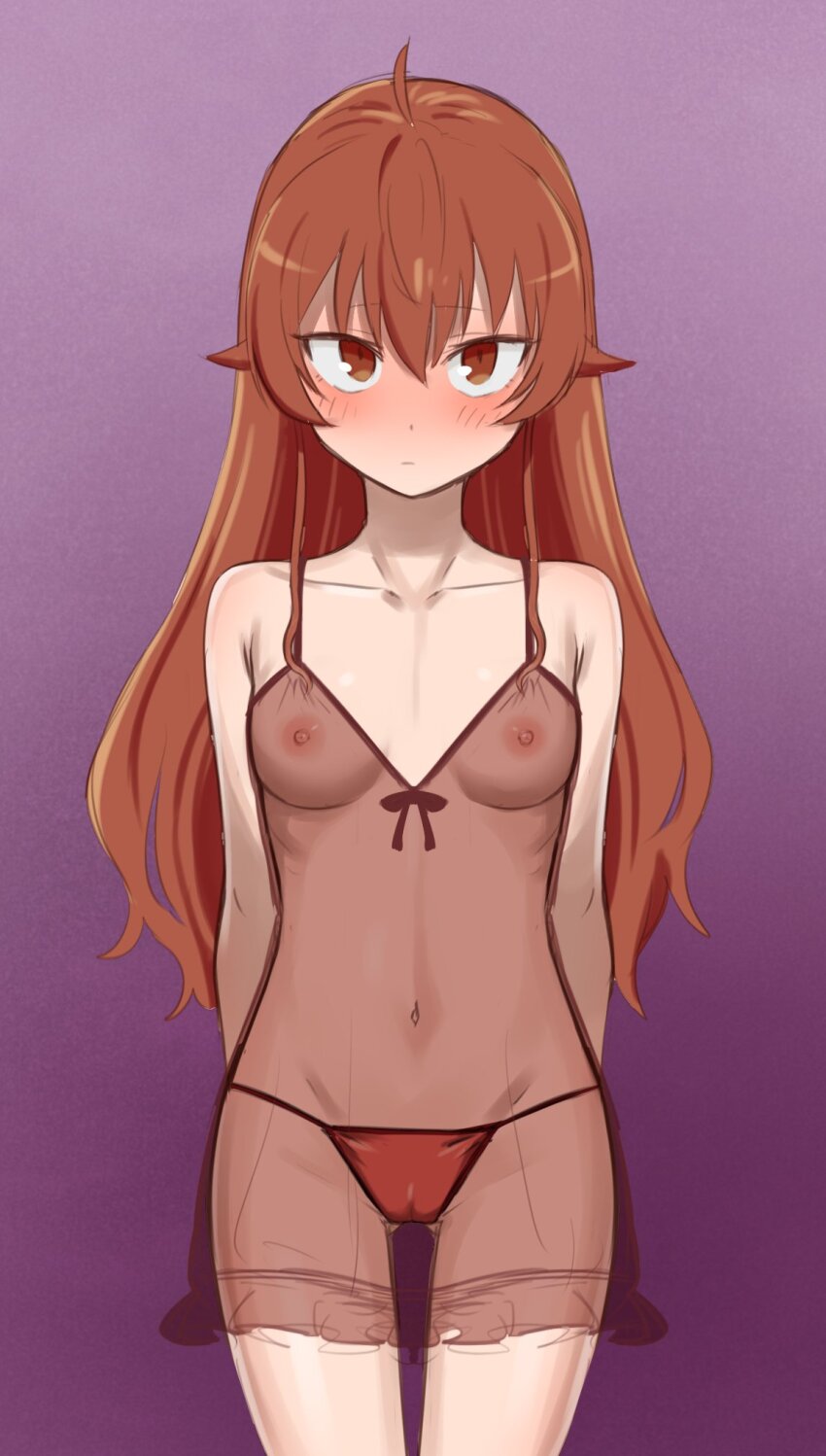 1girl ahoge blush breasts brown_eyes brown_hair commentary_request cowboy_shot dot_nose eris_greyrat gluteal_fold highres long_hair looking_at_viewer mushoku_tensei navel nightgown nipples ogi_non panties red_panties see-through_clothes small_breasts solo standing underwear