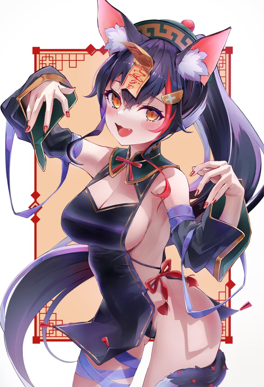 1girl absurdres animal_ears black_hair breasts chinese_clothes cleavage_cutout clothing_cutout hair_ornament hat highres hololive large_breasts long_hair long_sleeves looking_at_viewer multicolored_hair nail_polish nishiro_hato ookami_mio open_mouth ponytail qingdai_guanmao red_hair red_nails revealing_clothes ribbon smile solo streaked_hair talisman thigh_strap virtual_youtuber wolf_ears wolf_girl yellow_eyes