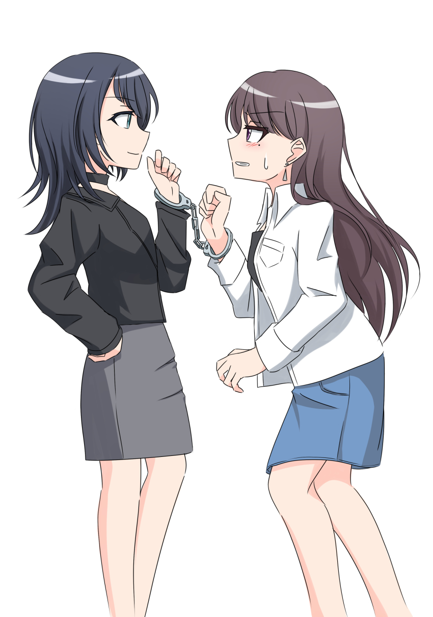 2girls absurdres bang_dream! bang_dream!_it&#039;s_mygo!!!!! black_choker black_hair black_jacket black_shirt blue_eyes blue_skirt blush brown_hair choker closed_mouth commentary_request earrings eye_contact grey_skirt hand_on_own_hip highres jacket jewelry long_hair looking_at_another mole mole_under_eye moriss_daylight multiple_girls open_mouth purple_eyes shared_handcuffs shiina_taki shirt simple_background skirt sweatdrop white_background white_jacket yahata_umiri