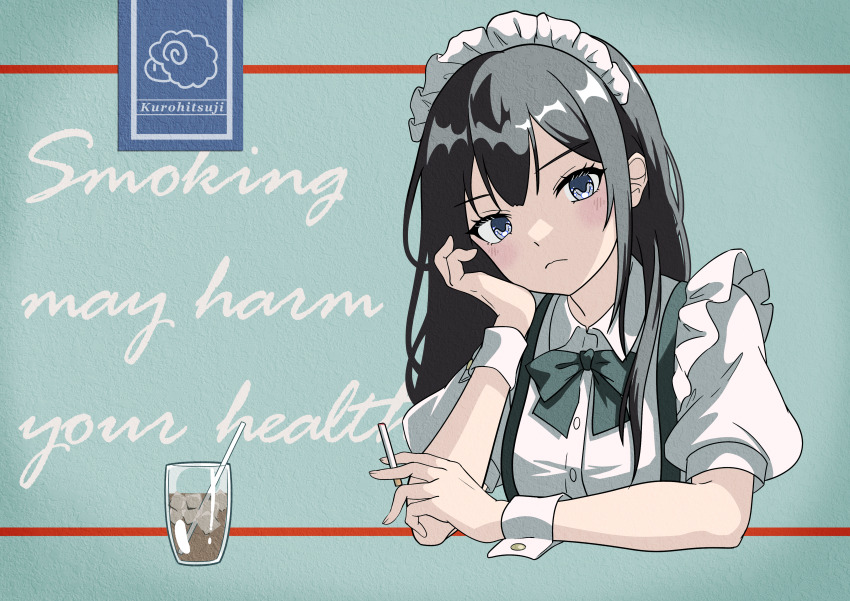 1girl absurdres artist_name black_bow black_bowtie black_hair blush bow bowtie cigarette closed_mouth collared_dress commentary cropped_torso cup dress drink drinking_glass drinking_straw english_commentary english_text frown grey_eyes highres holding holding_cigarette ice ice_cube kurohitsuji_(akiyamasheep) long_hair looking_at_viewer maid maid_headdress original puffy_short_sleeves puffy_sleeves short_sleeves sidelocks solo truth white_dress white_sleeve_cuffs