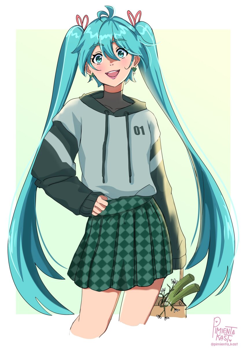 absurdres alternate_costume aqua_eyes aqua_hair bag casual checkered_clothes checkered_skirt drawstring flower green_hoodie green_skirt groceries grocery_bag hair_ribbon hand_on_own_hip hatsune_miku highres holding holding_bag hood hood_down hoodie long_hair looking_at_viewer miniskirt number_print paper_bag pimienta_kast pleated_skirt ribbon shopping_bag skirt smile spring_onion spring_onion_earrings turtleneck twintails very_long_hair vocaloid