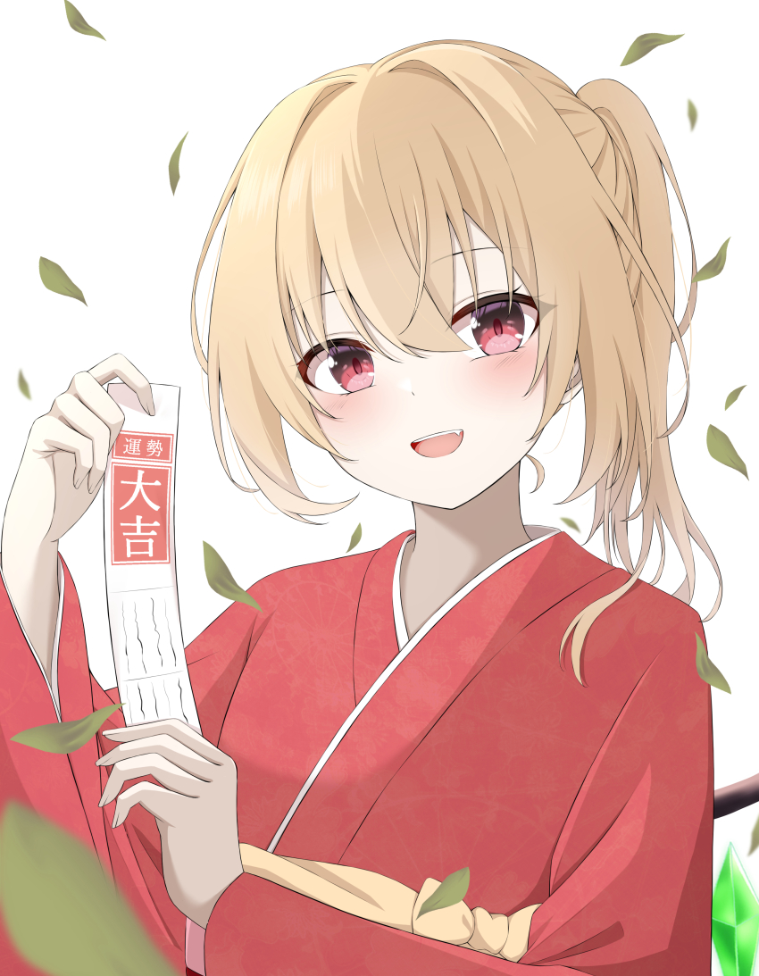 1girl :d absurdres alternate_costume alternate_hairstyle blurry blush commentary_request crystal_wings depth_of_field eyelashes eyes_visible_through_hair falling_leaves fang flandre_scarlet hair_between_eyes hair_intakes hands_up happy highres holding holding_paper japanese_clothes kimono leaf long_sleeves looking_at_viewer medium_hair new_year omikuji open_mouth paper ponytail red_eyes red_kimono sidelocks simple_background smile solo szl teeth touhou tsurime upper_body upper_teeth_only white_background wide_sleeves wings