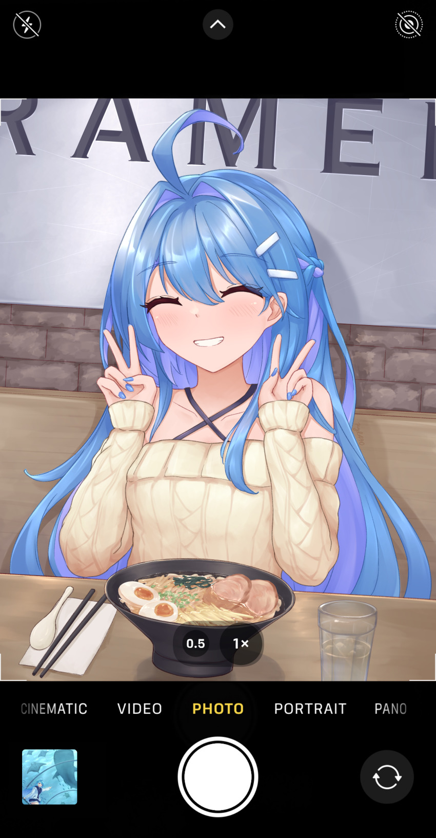 1girl absurdres azur_lane bare_shoulders blue_hair blue_nails breasts closed_eyes double_v facing_viewer food grin hair_between_eyes hair_ornament hairclip hands_up happy helena_(azur_lane) highres indoors kyl490 long_hair medium_breasts nail_polish noodles off-shoulder_sweater off_shoulder ramen sitting smile solo sweater taking_picture upper_body v very_long_hair