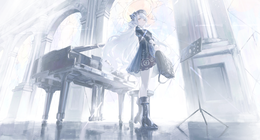 1girl absurdres airool black_footwear black_hat black_jacket boots grand_piano grey_hair hat high_heel_boots high_heels highres holding indoors instrument jacket long_hair original pantyhose piano solo stained_glass standing very_long_hair white_pantyhose