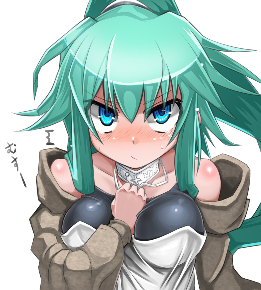 1girl arm_between_breasts between_breasts blue_eyes blush breasts collarbone duel_monster female_focus furumeta green_hair hair_ornament highres jacket jewelry large_breasts long_hair looking_at_viewer off_shoulder ponytail solo sweat winda_(yu-gi-oh!) winda_priestess_of_gusto yu-gi-oh!