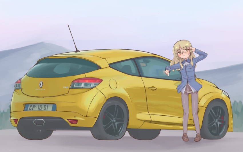 1girl blush eyebrows female_focus glasses license_plate long_hair panties pantyshot perrine_h._clostermann renault renault_megane_rs solo standing strike_witches tomo_(f2000) underwear vehicle white_panties world_witches_series