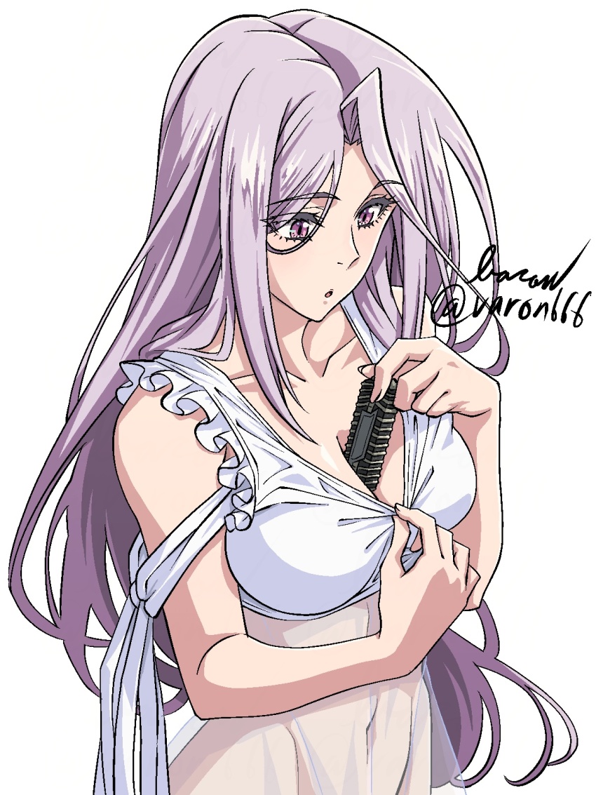 1girl baron_(varon666) between_breasts breasts cleavage collarbone fuuto_tantei highres kamen_rider large_breasts long_hair midriff navel pulling_own_clothes purple_eyes purple_hair see-through_clothes solo tokime_(fuuto_tantei) varon